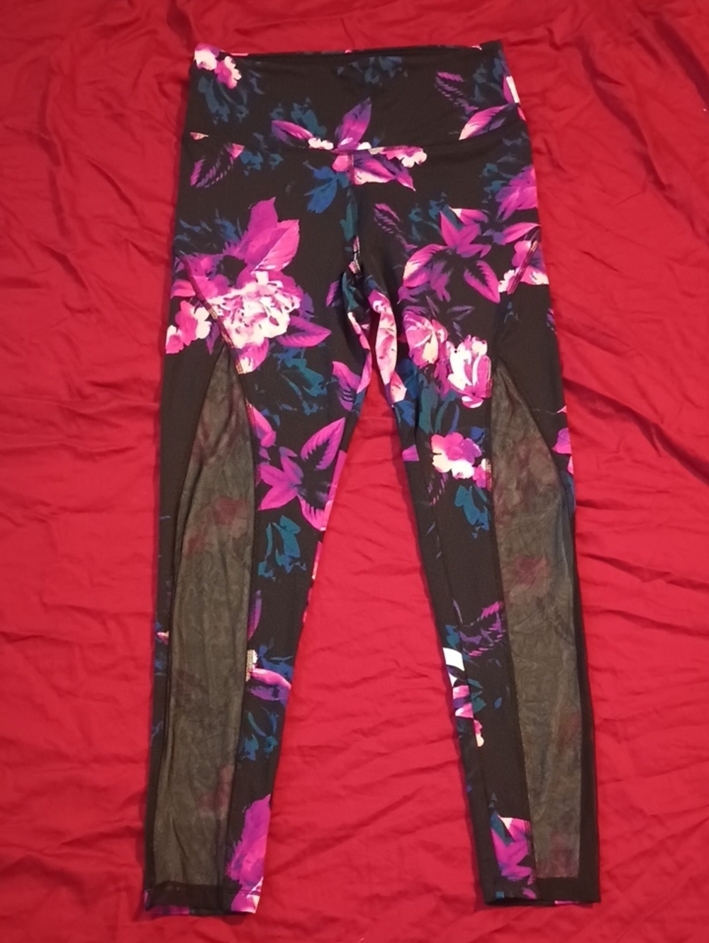 PINK Victoria's Secret Black Leggings with Pink Floral Print Sheer Cutouts MD